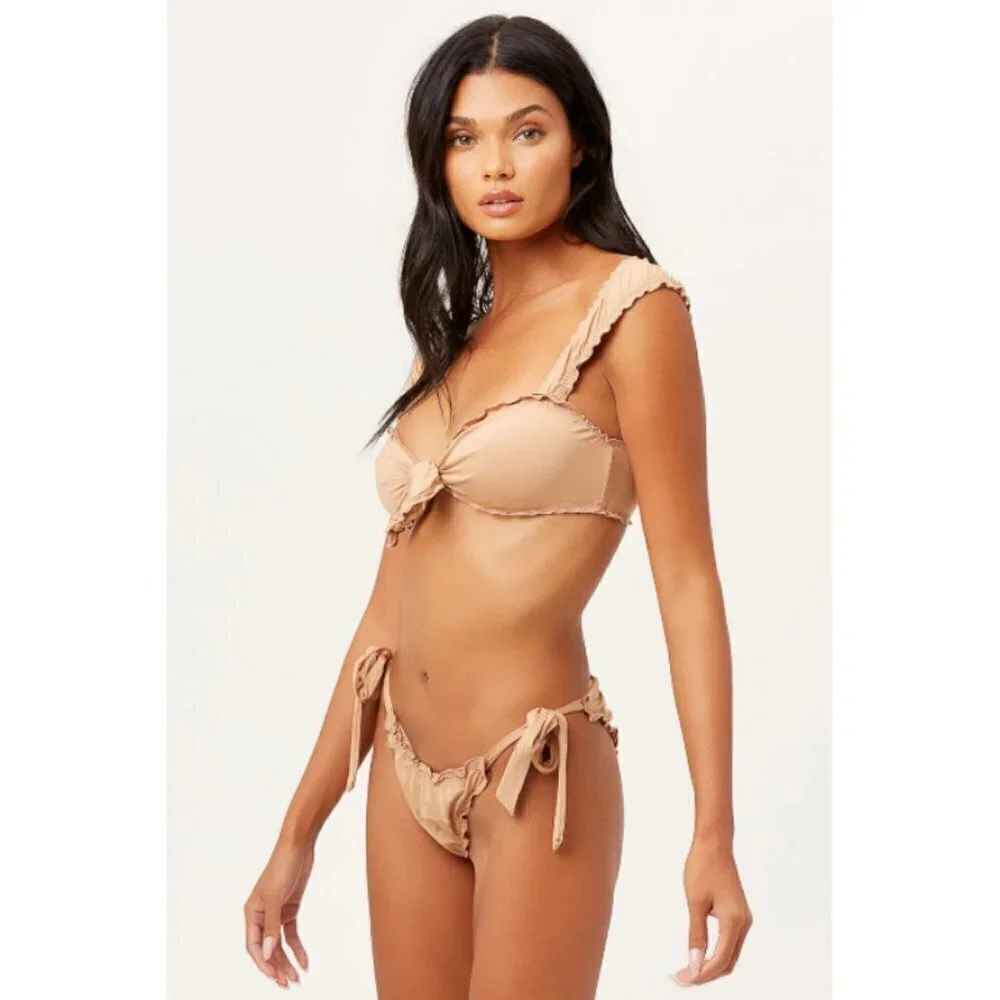 💕FRANKIE'S BIKINIS💕 Colby Tie Front Ruffle Bikini Top Earth Large L NWT